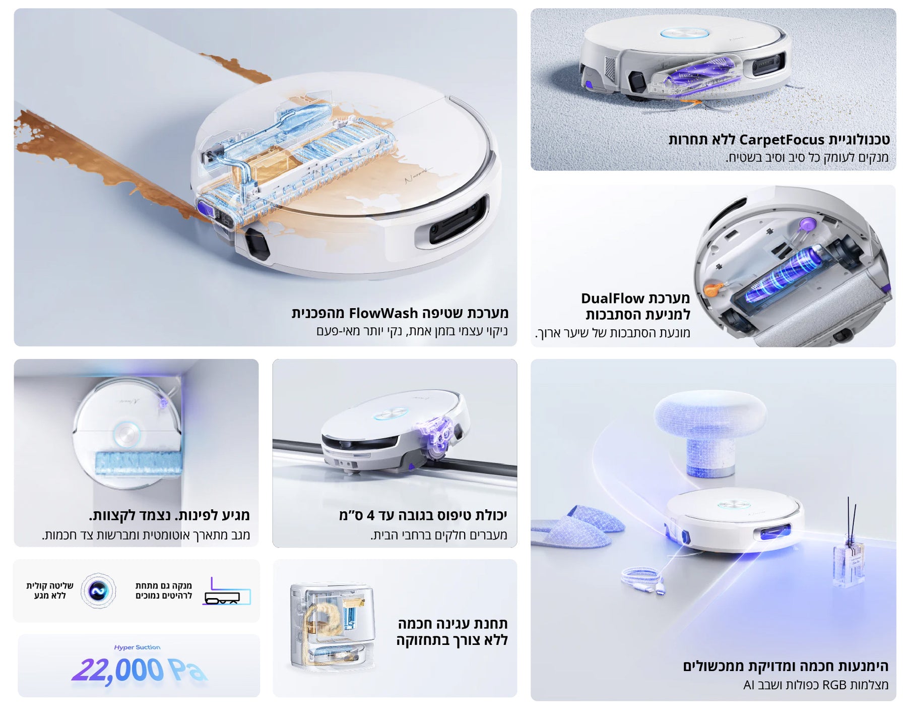 שואב אבק רובוטי עם חיבור למערכת ניקוז מים אוטומטית Narwal Flow AX-11 לבן